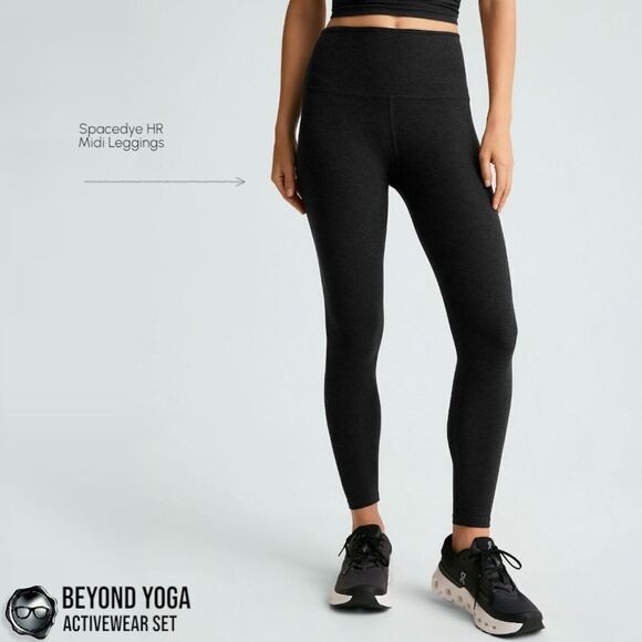 BEYOND YOGA SPACEDYE SET: ON THE DOWN LOW TEE + MIDI LEGGINGS IN DARKEST NIGHT M - Picture 8 of 15
